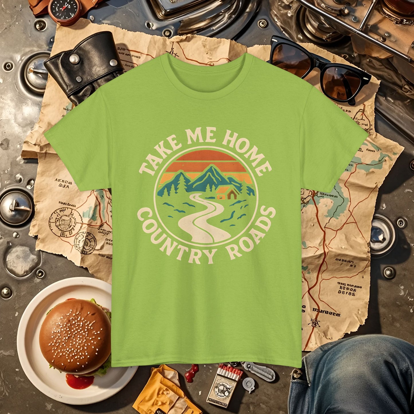 Take Me Home Country Roads T-Shirt – Retro Mountain Road to Cozy Cabin Design Road Trip & Vehicle Travel T-Shirts | Car, RV, and Motorcycle Adventure Tees