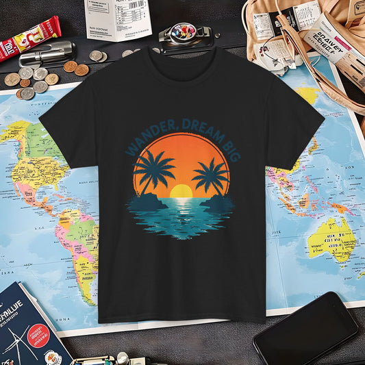 Wander Dream Big T-Shirt – Tropical Sunset with Palm Silhouettes Design Air Travel T-Shirts | Jetsetter, Airport, and International Flight Tees