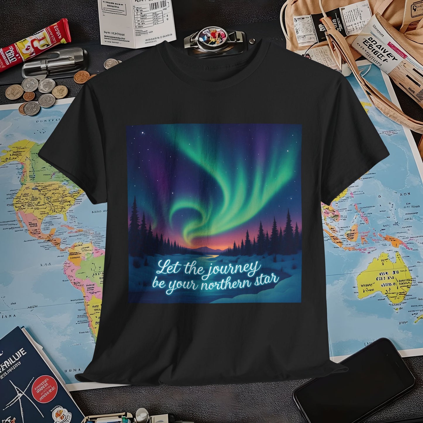 Northern Lights Journey Under the Starry Sky Air Travel T-Shirts | Jetsetter, Airport, and International Flight Tees