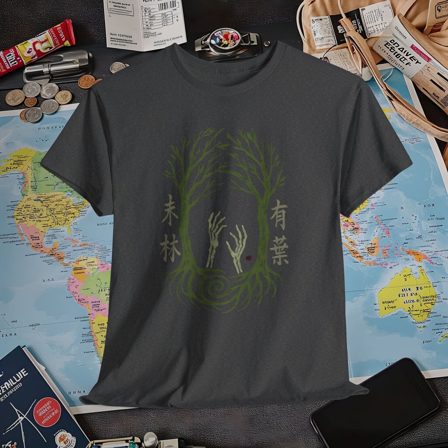 Aokigahara Tree Tunnel with Rising Skeleton Hands Tee – Haunted Japan Travel Shirt | Layover Club Air Travel T-Shirts | Jetsetter, Airport, and International Flight Tees