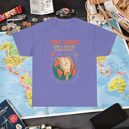 Time Zones Are a Social Construct Tee – Melting Clock Over World Map Travel Shirt Air Travel T-Shirts | Jetsetter, Airport, and International Flight Tees
