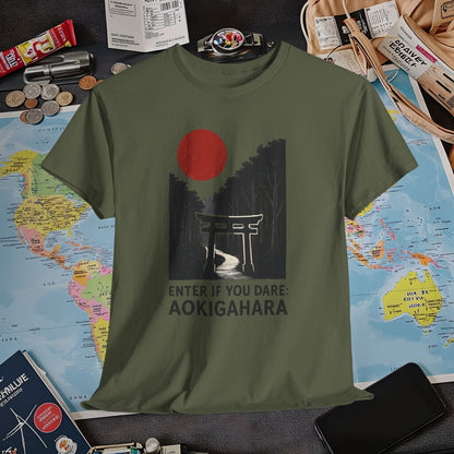 Scarlet Moon Torii – Aokigahara Forest Path Tee – Haunted Japan Travel Shirt | Layover Club Air Travel T-Shirts | Jetsetter, Airport, and International Flight Tees