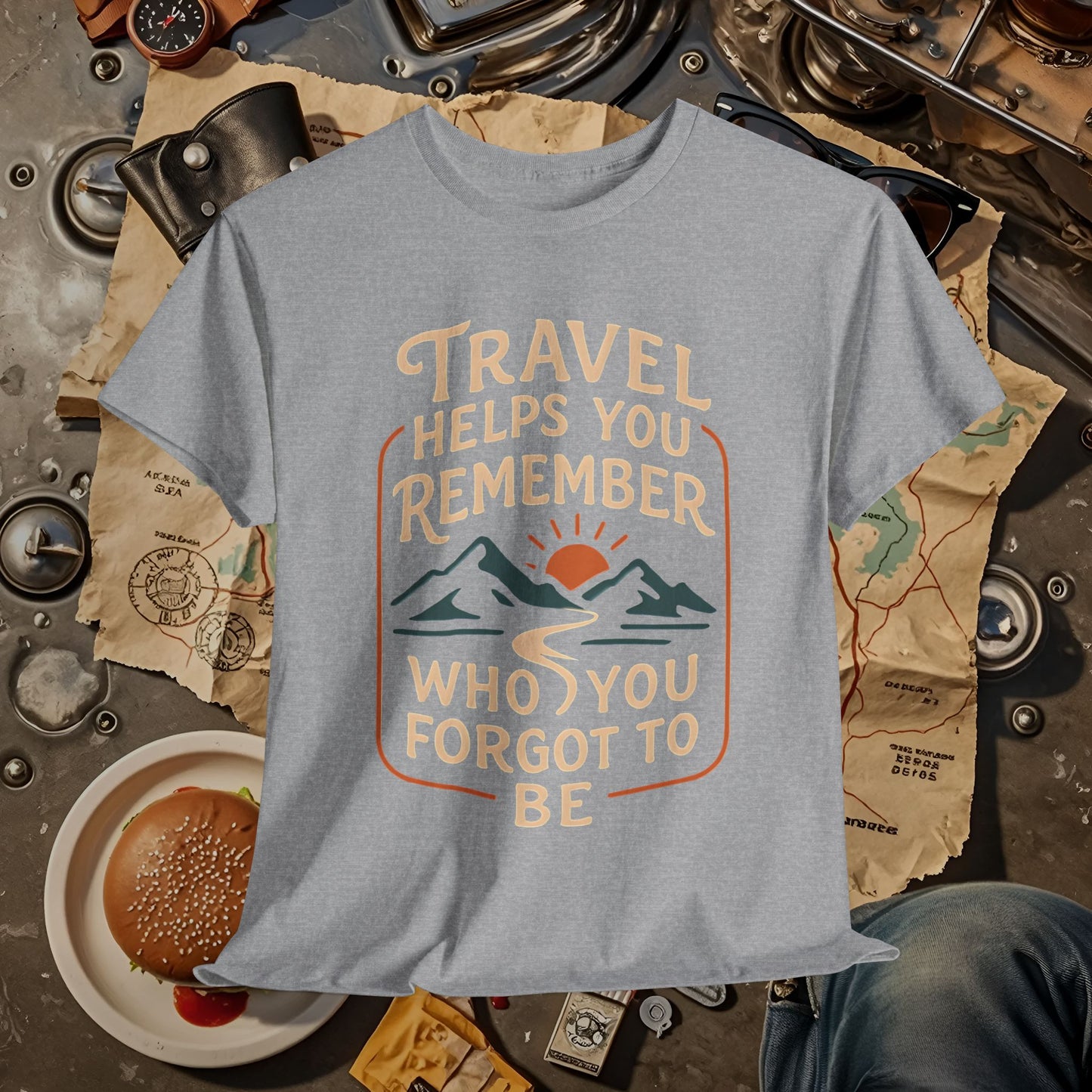 Travel Helps You Remember Who You Forgot to Be Tee – Retro Mountain Road Quote Shirt Road Trip & Vehicle Travel T-Shirts | Car, RV, and Motorcycle Adventure Tees