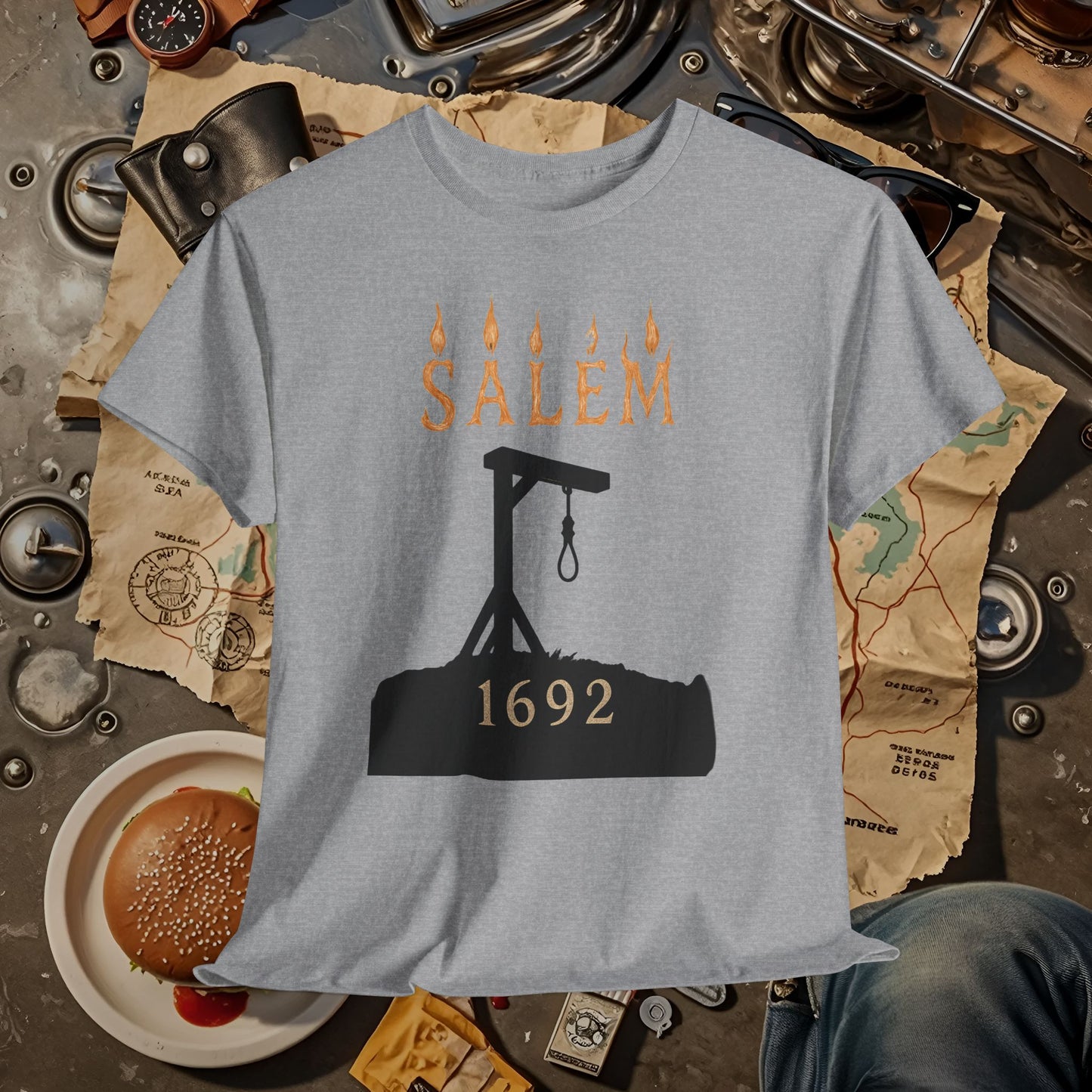 Salem 1692 Gothic Noose & Candle Flame Typography Tee – Witch Trials Dark History Shirt | Car, RV, and Motorcycle Adventure Tees