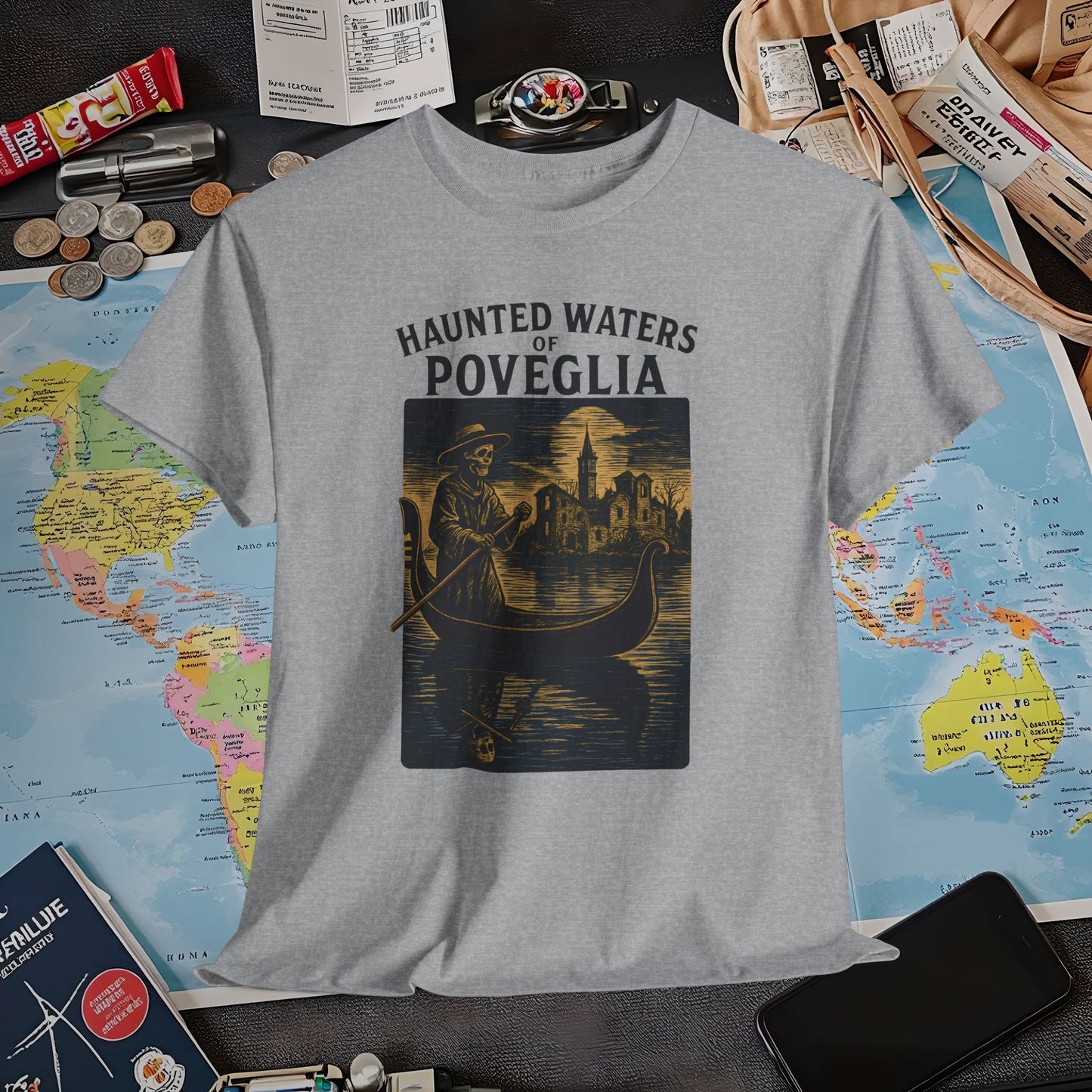 Skeletal Gondolier of Haunted Poveglia – Dark Venetian Ghost Travel Tee| Layover Club Air Travel T-Shirts | Jetsetter, Airport, and International Flight Tees