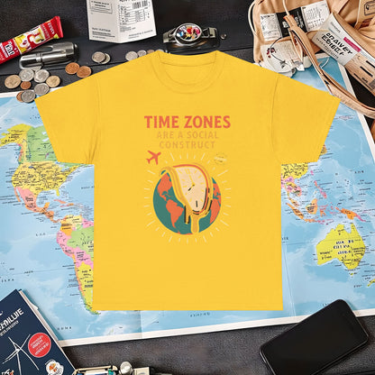 Time Zones Are a Social Construct Tee – Melting Clock Over World Map Travel Shirt Air Travel T-Shirts | Jetsetter, Airport, and International Flight Tees
