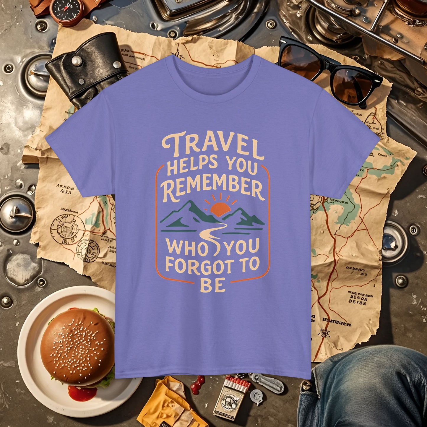 Travel Helps You Remember Who You Forgot to Be Tee – Retro Mountain Road Quote Shirt Road Trip & Vehicle Travel T-Shirts | Car, RV, and Motorcycle Adventure Tees