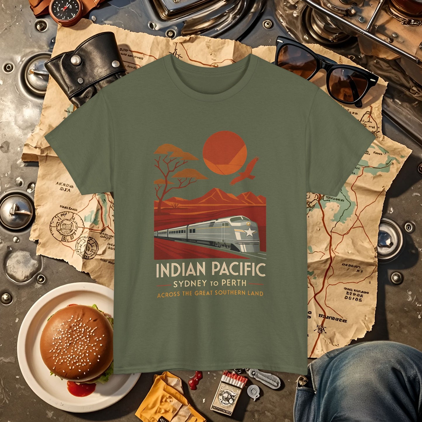 Australian Indian Pacific – Art Deco Desert Crossing Train Tee Road Trip & Vehicle Travel T-Shirts | Car, RV, and Motorcycle Adventure Tees