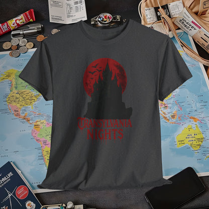 Transylvania Nights Tee – Gothic Castle Under Crimson Moon | Layover Club Air Travel T-Shirts | Jetsetter, Airport, and International Flight Tees