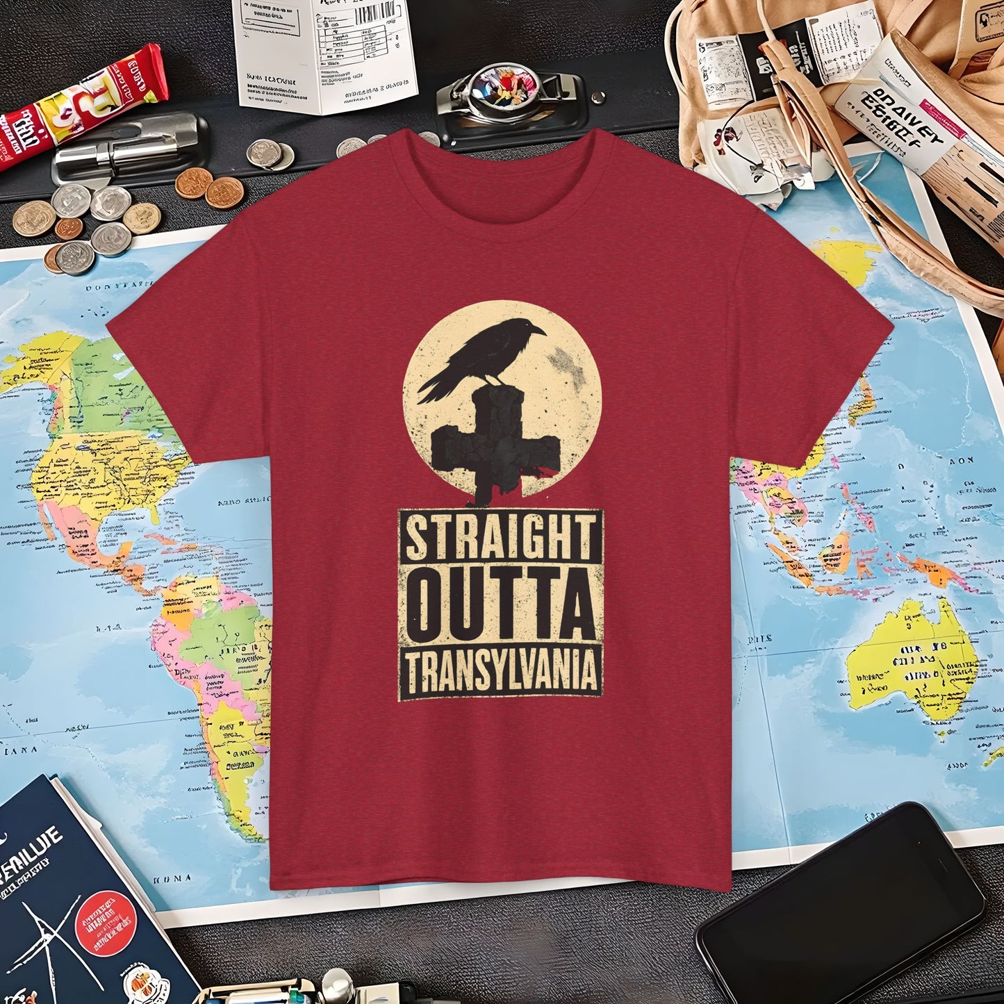 Straight Outta Transylvania Raven Cross Tee – Gothic Travel Romania Shirt | Layover Club Air Travel T-Shirts | Jetsetter, Airport, and International Flight Tees
