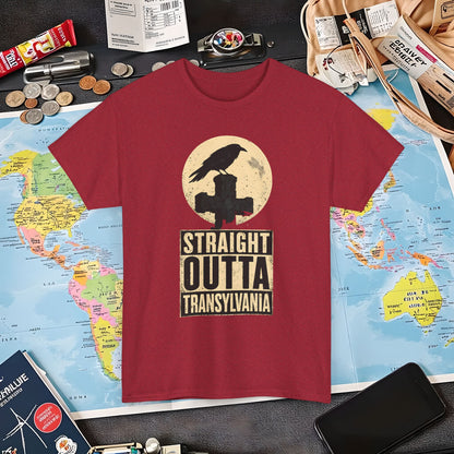 Straight Outta Transylvania Raven Cross Tee – Gothic Travel Romania Shirt | Layover Club Air Travel T-Shirts | Jetsetter, Airport, and International Flight Tees