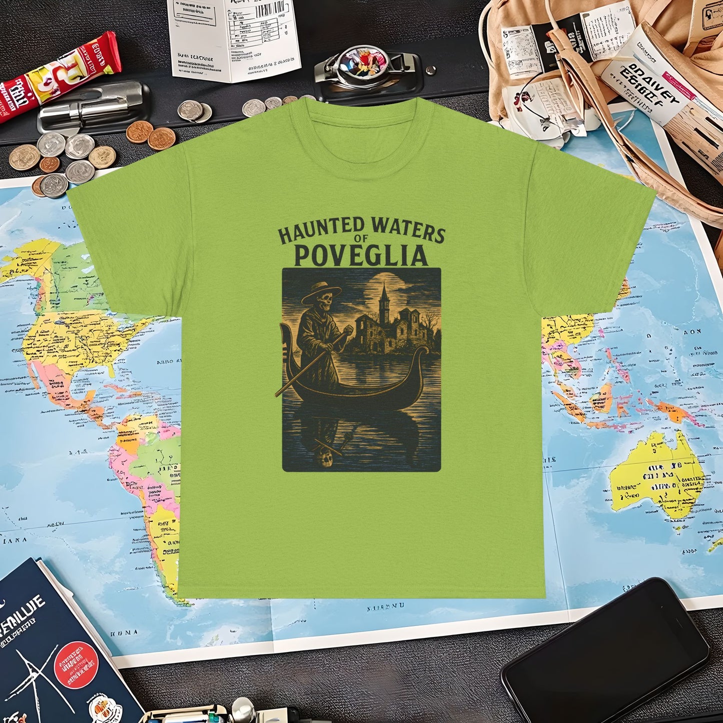 Skeletal Gondolier of Haunted Poveglia – Dark Venetian Ghost Travel Tee| Layover Club Air Travel T-Shirts | Jetsetter, Airport, and International Flight Tees