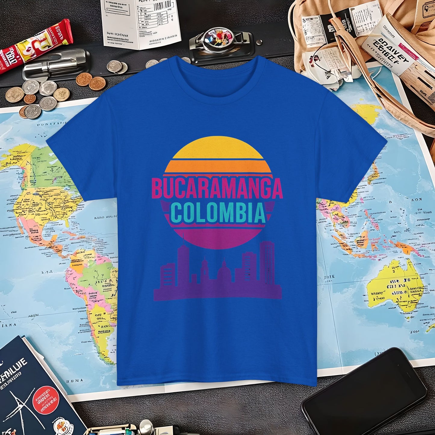 Retro Bucaramanga Skyline Sunset Tee – Vintage Colombia Travel Shirt| Layover Club Air Travel T-Shirts | Jetsetter, Airport, and International Flight Tees