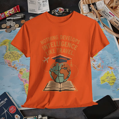 Nothing Develops Intelligence Like Travel – Globe Graduation Wisdom Tee | Layover Club Air Travel T-Shirts | Jetsetter, Airport, and International Flight Tees