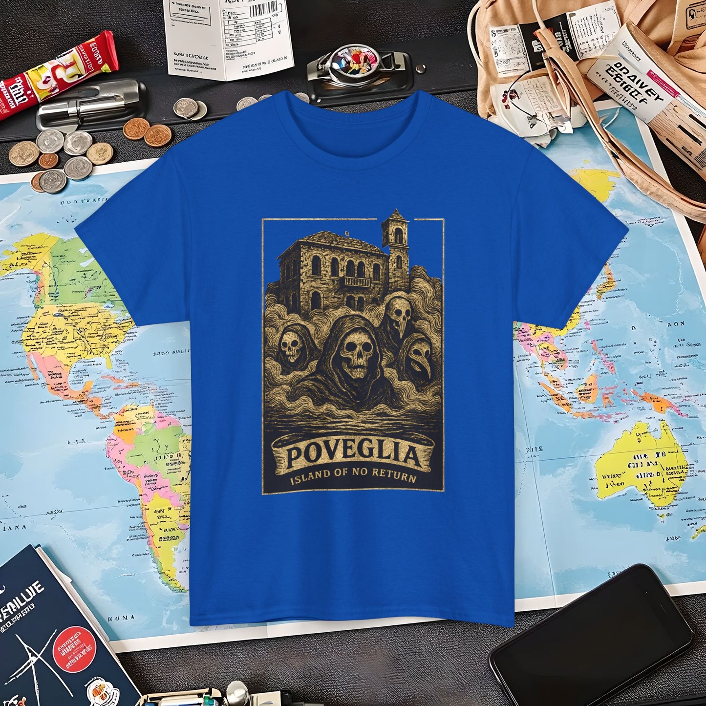 Poveglia Haunt – Ghostly Apparitions in Venetian Fog Tee – Haunted Italy Travel Shirt | Layover Club Air Travel T-Shirts | Jetsetter, Airport, and International Flight Tees