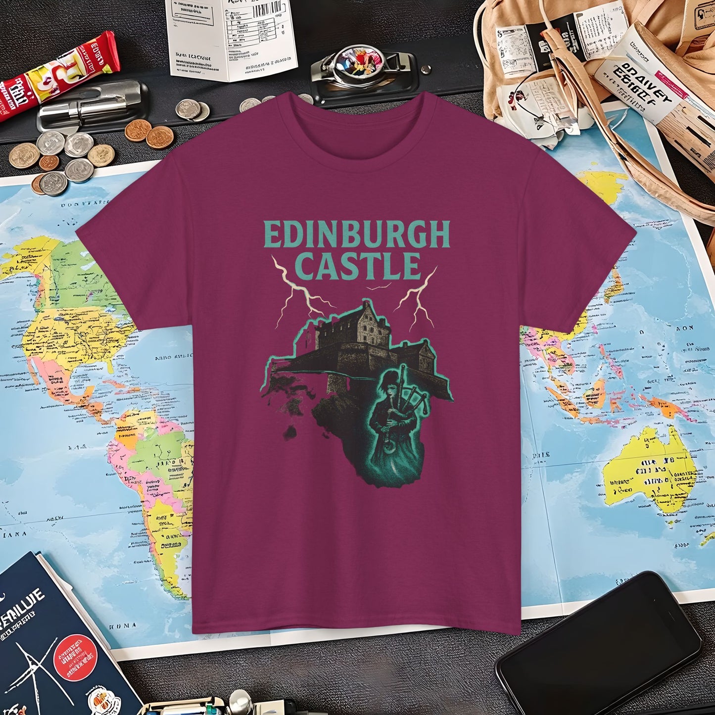Ghostly Edinburgh Castle & Spectral Bagpiper Tee – Haunted Scotland Dark Tourism Shirt | Layover Club Air Travel T-Shirts | Jetsetter, Airport, and International Flight Tees