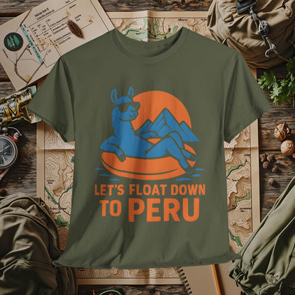 Let’s Float Down to Peru T-Shirt – Chill Llama on Inner Tube and Andes Sunset Outdoor Adventure T-Shirts | Camping, Hiking, Rafting & Kayaking Tees for Nature Lovers