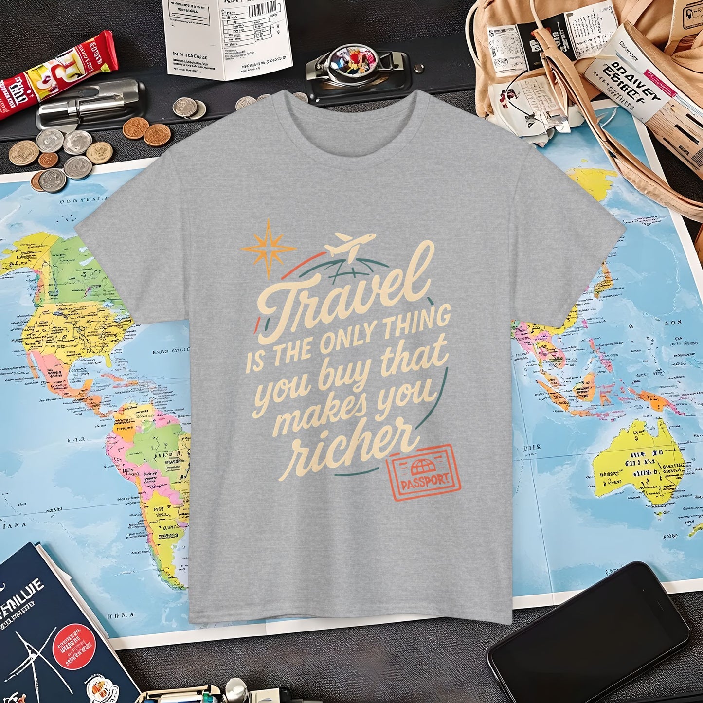 Travel Makes You Richer Tee – Vintage Globe & Airplane Quote Shirt Air Travel T-Shirts | Jetsetter, Airport, and International Flight Tees