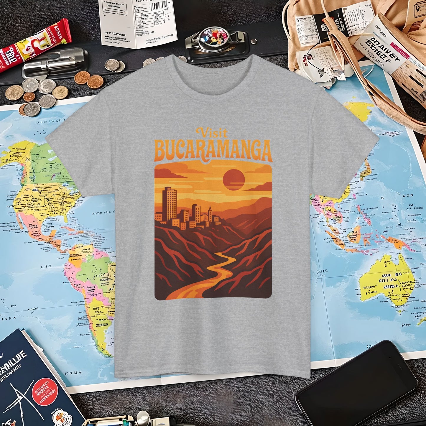 Retro Bucaramanga Skyline & Chicamocha Canyon Sunset – Vintage Colombia Travel Tee | Layover Club Air Travel T-Shirts | Jetsetter, Airport, and International Flight Tees