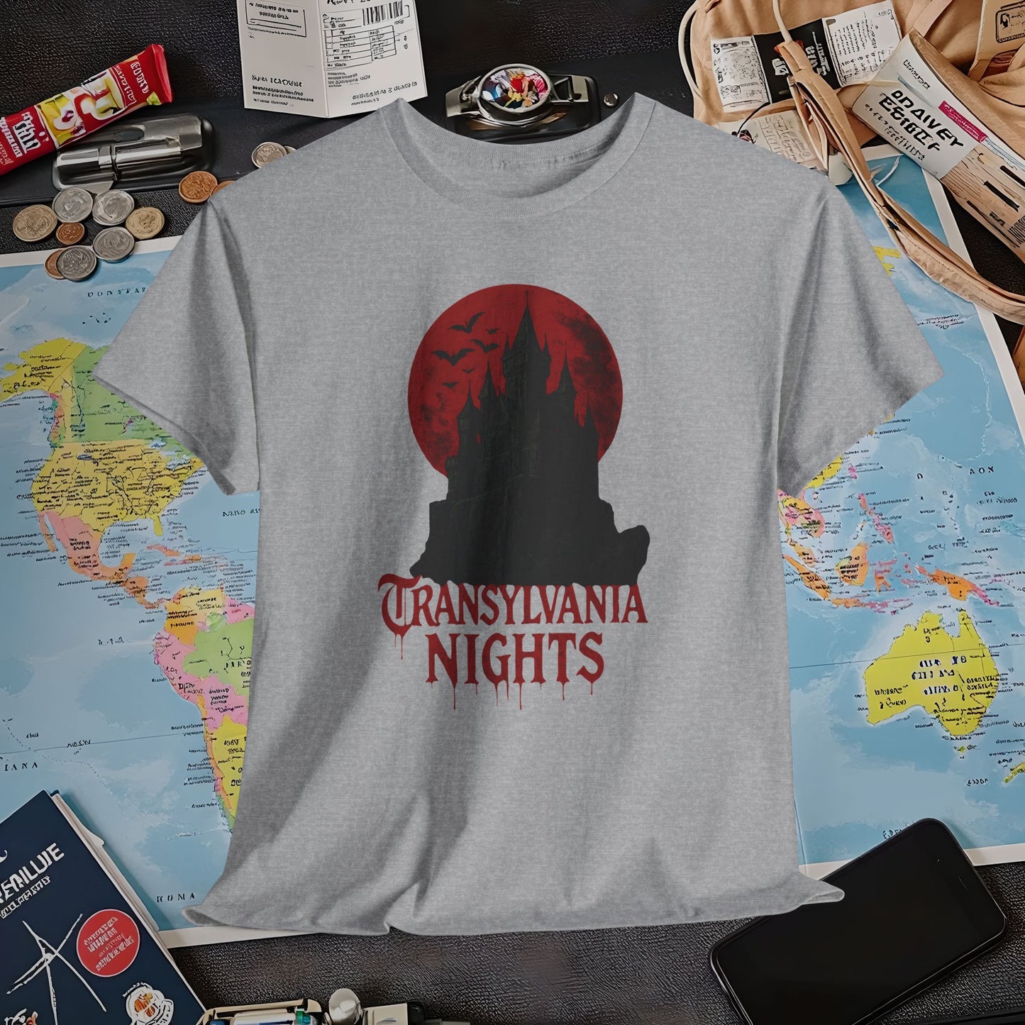 Transylvania Nights Tee – Gothic Castle Under Crimson Moon | Layover Club Air Travel T-Shirts | Jetsetter, Airport, and International Flight Tees