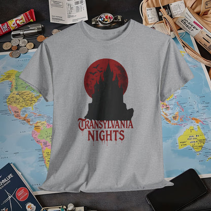 Transylvania Nights Tee – Gothic Castle Under Crimson Moon | Layover Club Air Travel T-Shirts | Jetsetter, Airport, and International Flight Tees