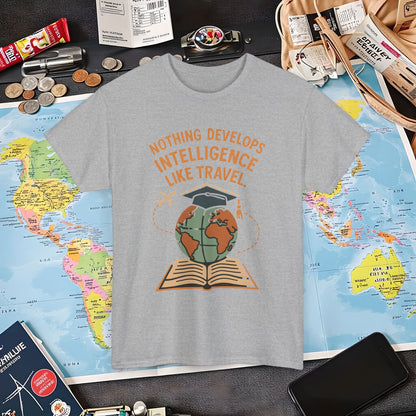 Nothing Develops Intelligence Like Travel – Globe Graduation Wisdom Tee | Layover Club Air Travel T-Shirts | Jetsetter, Airport, and International Flight Tees