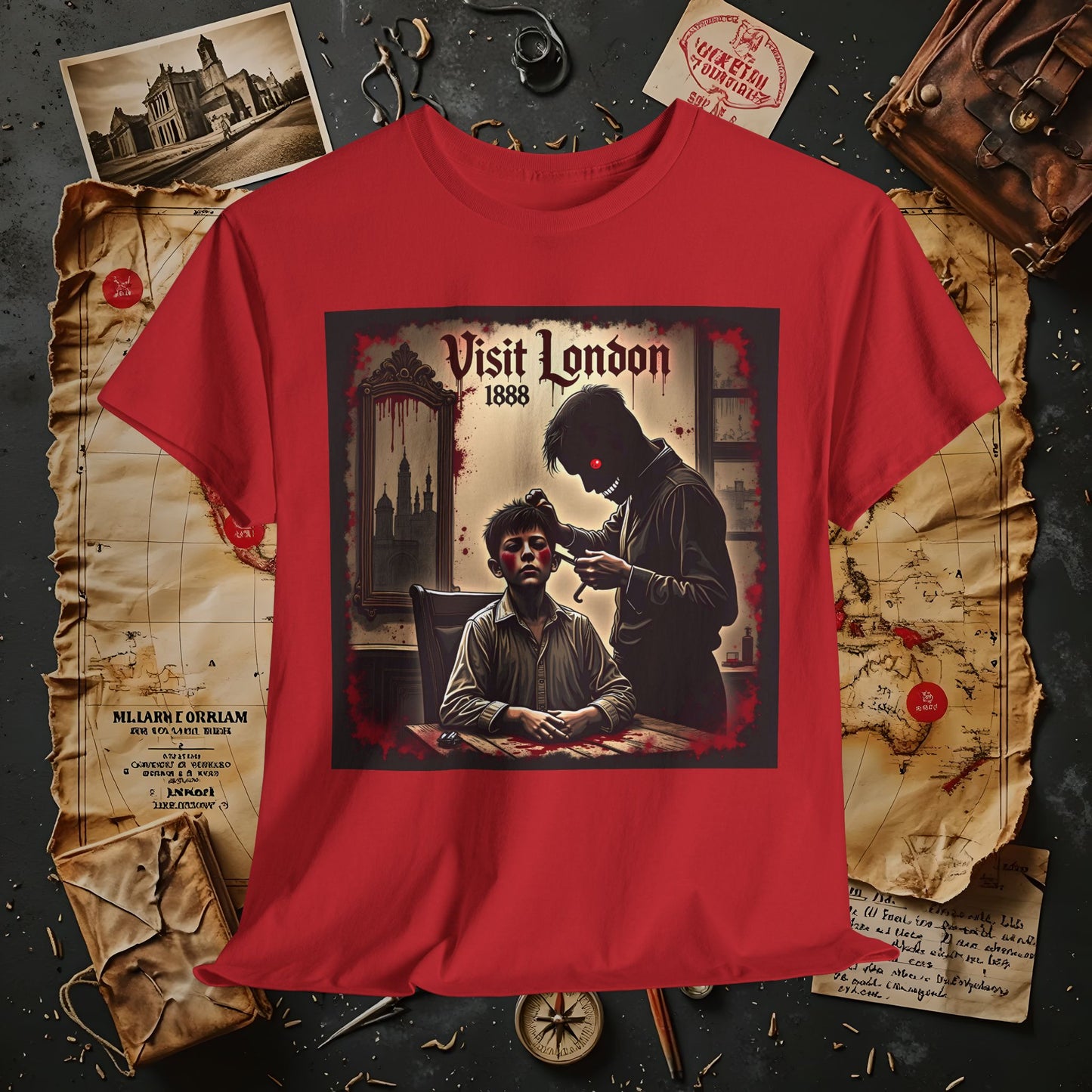 Visit London 1888 T-Shirt – Victorian Horror with Jack the Ripper and Evil Barber Art
