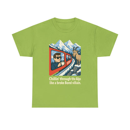 Glacier Express Chill Tee – Skeptical Goat in the Alps Vibe Road Trip & Vehicle Travel T-Shirts | Car, RV, and Motorcycle Adventure Tees