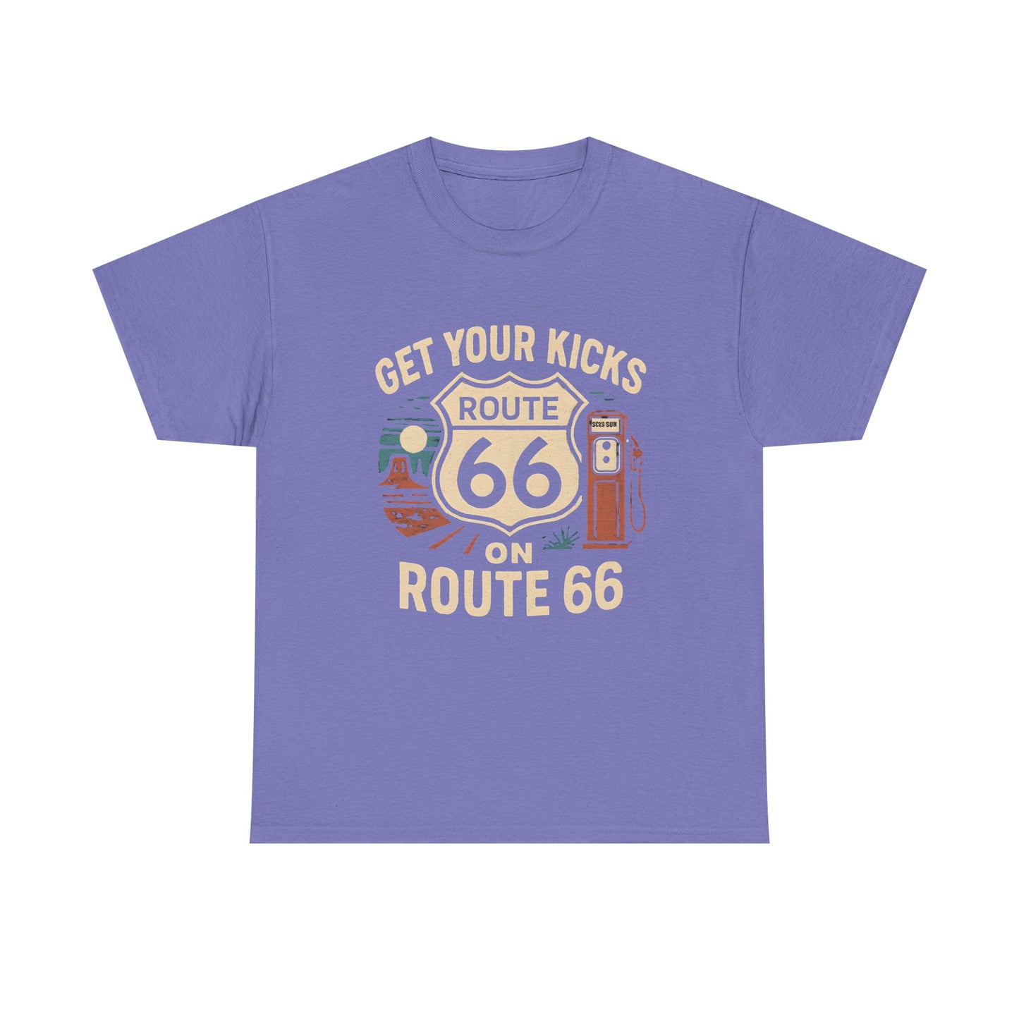 Get Your Kicks on Route 66 T-Shirt – Vintage Desert Scene with Classic Gas Pump & Roadside Vibes Road Trip & Vehicle Travel T-Shirts | Car, RV, and Motorcycle Adventure Tees