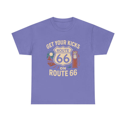 Get Your Kicks on Route 66 T-Shirt – Vintage Desert Scene with Classic Gas Pump & Roadside Vibes Road Trip & Vehicle Travel T-Shirts | Car, RV, and Motorcycle Adventure Tees