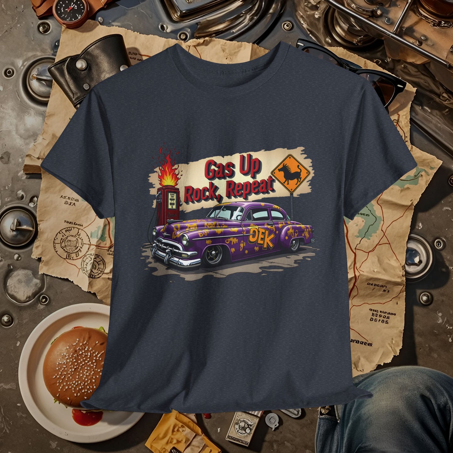 Gas Up, Rock and Repeat Road Trip & Vehicle Travel T-Shirts | Car, RV, and Motorcycle Adventure Tees