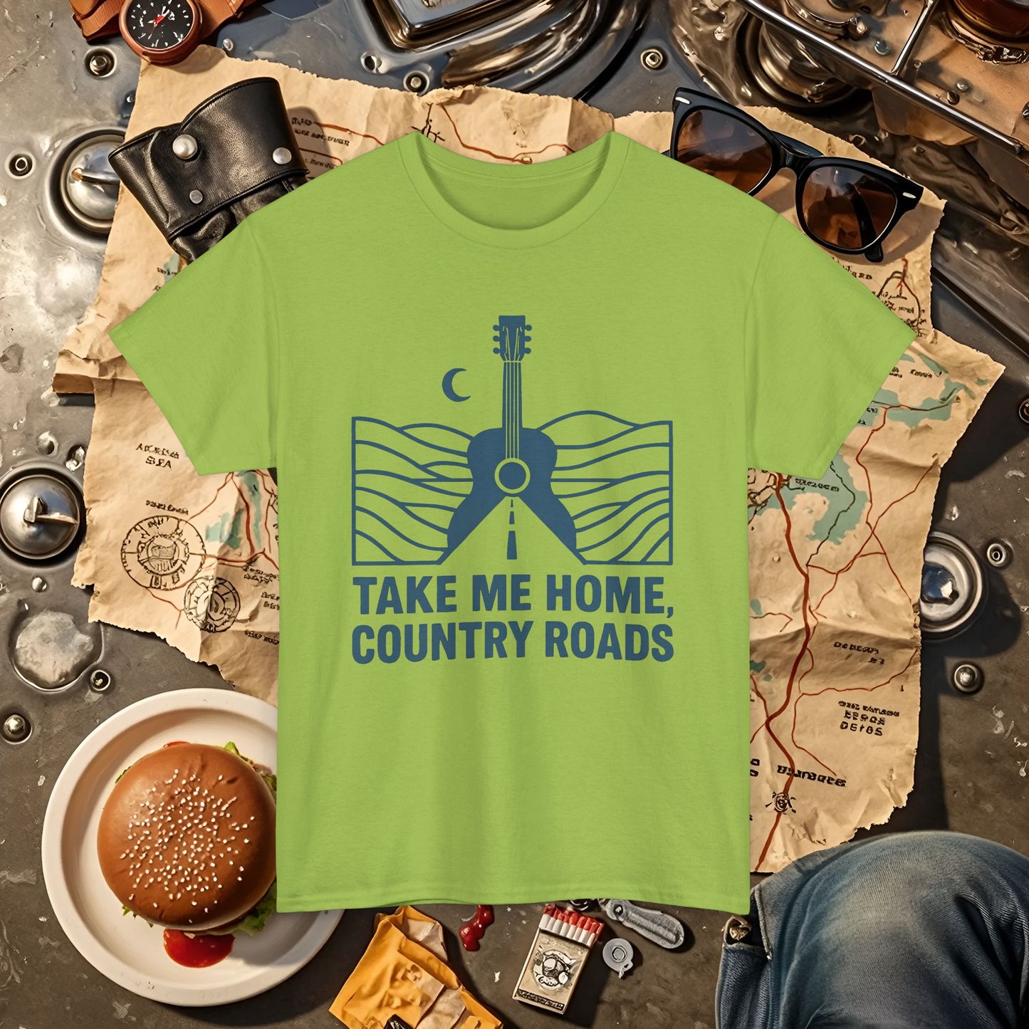 Take Me Home, Country Roads T-Shirt – Guitar Horizon & Open Highway Design Road Trip & Vehicle Travel T-Shirts | Car, RV, and Motorcycle Adventure Tees