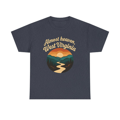 Almost Heaven, West Virginia T-Shirt – Vintage Appalachian Sunset with Winding River Road Trip & Vehicle Travel T-Shirts | Car, RV, and Motorcycle Adventure Tees