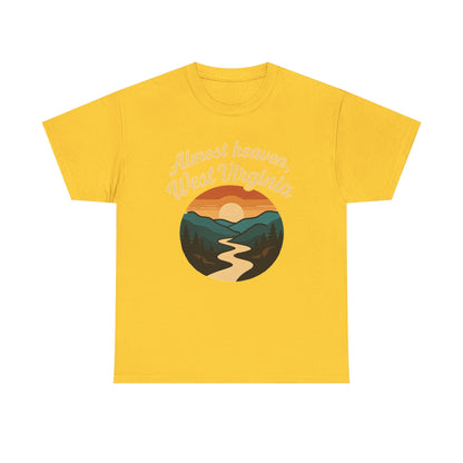 Almost Heaven, West Virginia T-Shirt – Vintage Appalachian Sunset with Winding River Road Trip & Vehicle Travel T-Shirts | Car, RV, and Motorcycle Adventure Tees