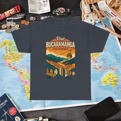 Retro Bucaramanga Skyline with Chicamocha Canyon – Vintage Colombia Travel Tee | Layover Club Air Travel T-Shirts | Jetsetter, Airport, and International Flight Tees