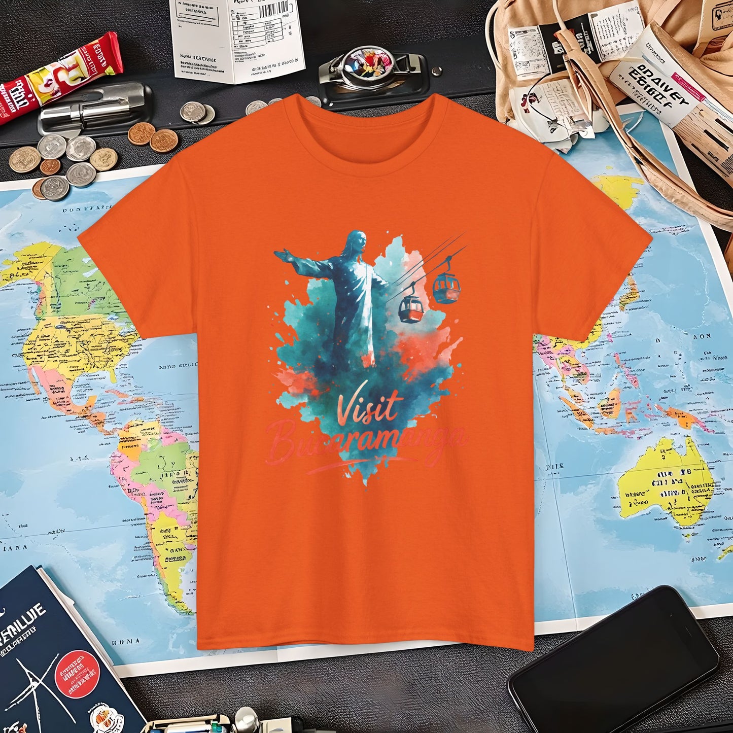 Cerro del Santísimo & Cable Car – Vibrant Watercolor Colombia Travel Tee | Layover Club Air Travel T-Shirts | Jetsetter, Airport, and International Flight Tees