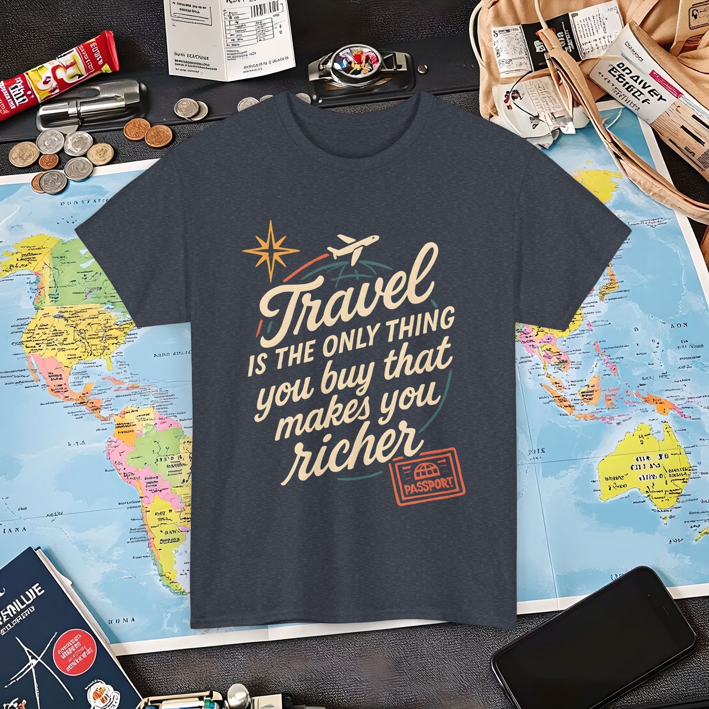 Travel Makes You Richer Tee – Vintage Globe & Airplane Quote Shirt Air Travel T-Shirts | Jetsetter, Airport, and International Flight Tees