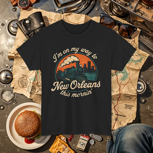 I'm On My Way to New Orleans This Mornin’ T-Shirt – Vintage Steam Locomotive & Crescent City Badge Road Trip & Vehicle Travel T-Shirts | Car, RV, and Motorcycle Adventure Tees