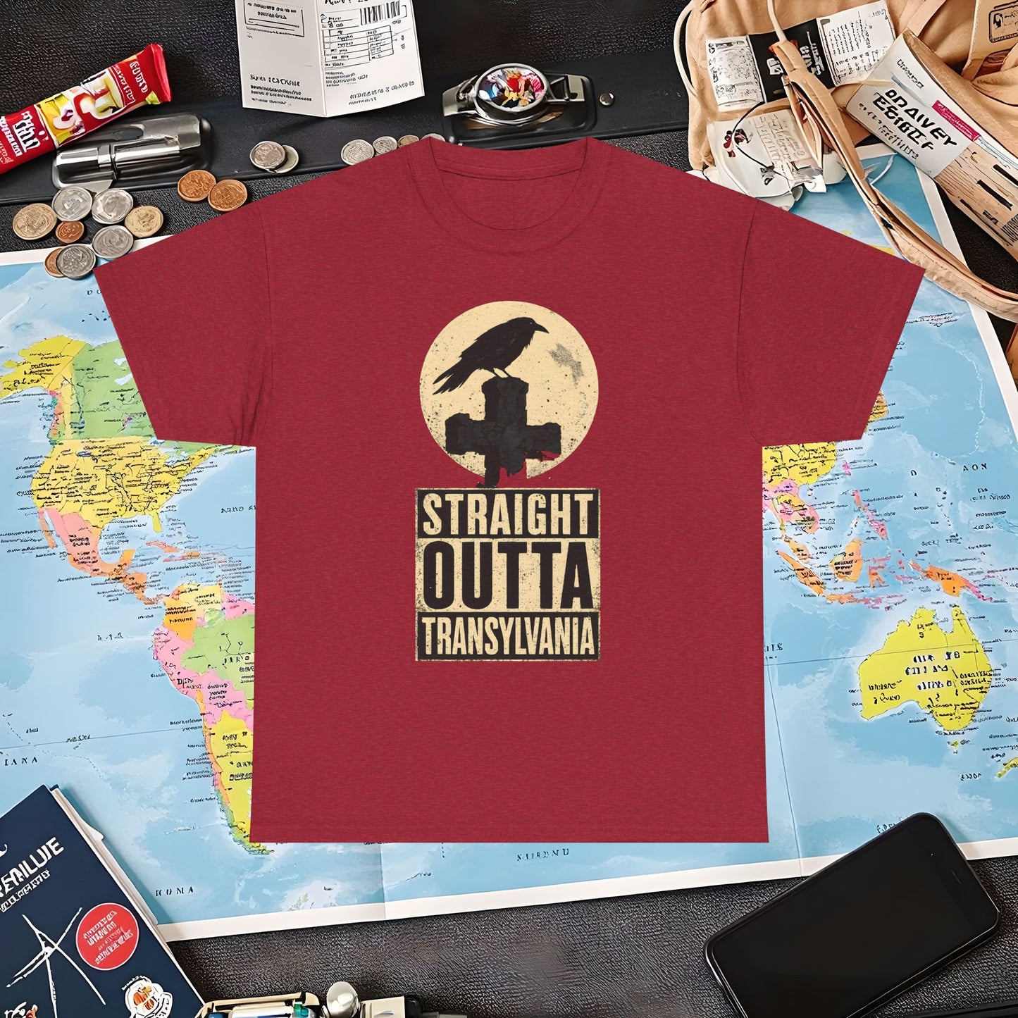 Straight Outta Transylvania Raven Cross Tee – Gothic Travel Romania Shirt | Layover Club Air Travel T-Shirts | Jetsetter, Airport, and International Flight Tees