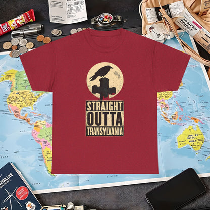 Straight Outta Transylvania Raven Cross Tee – Gothic Travel Romania Shirt | Layover Club Air Travel T-Shirts | Jetsetter, Airport, and International Flight Tees
