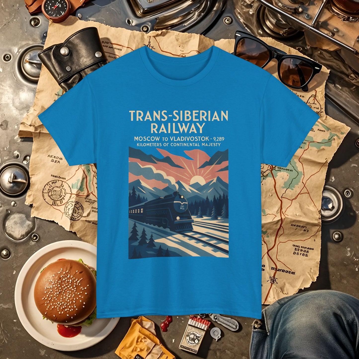 Trans-Siberian Twilight – Art Deco Russian Train Journey Tee Road Trip & Vehicle Travel T-Shirts | Car, RV, and Motorcycle Adventure Tees