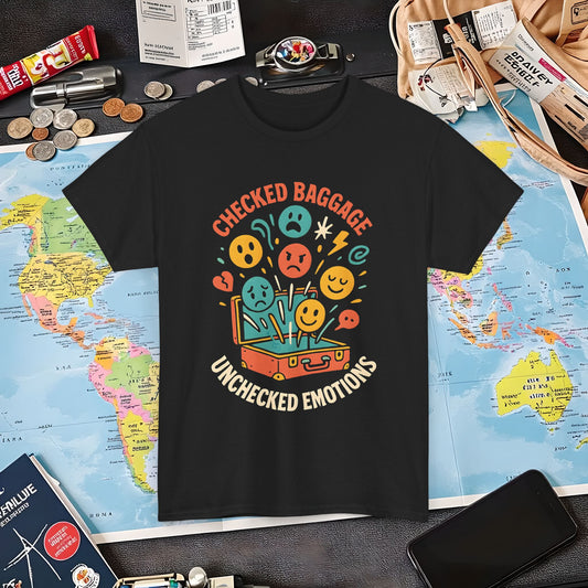 Checked Baggage Unchecked Emotions T-Shirt – Vintage Emoticons Luggage Travel Tee for Emotional Travelers Air Travel T-Shirts | Jetsetter, Airport, and International Flight Tees