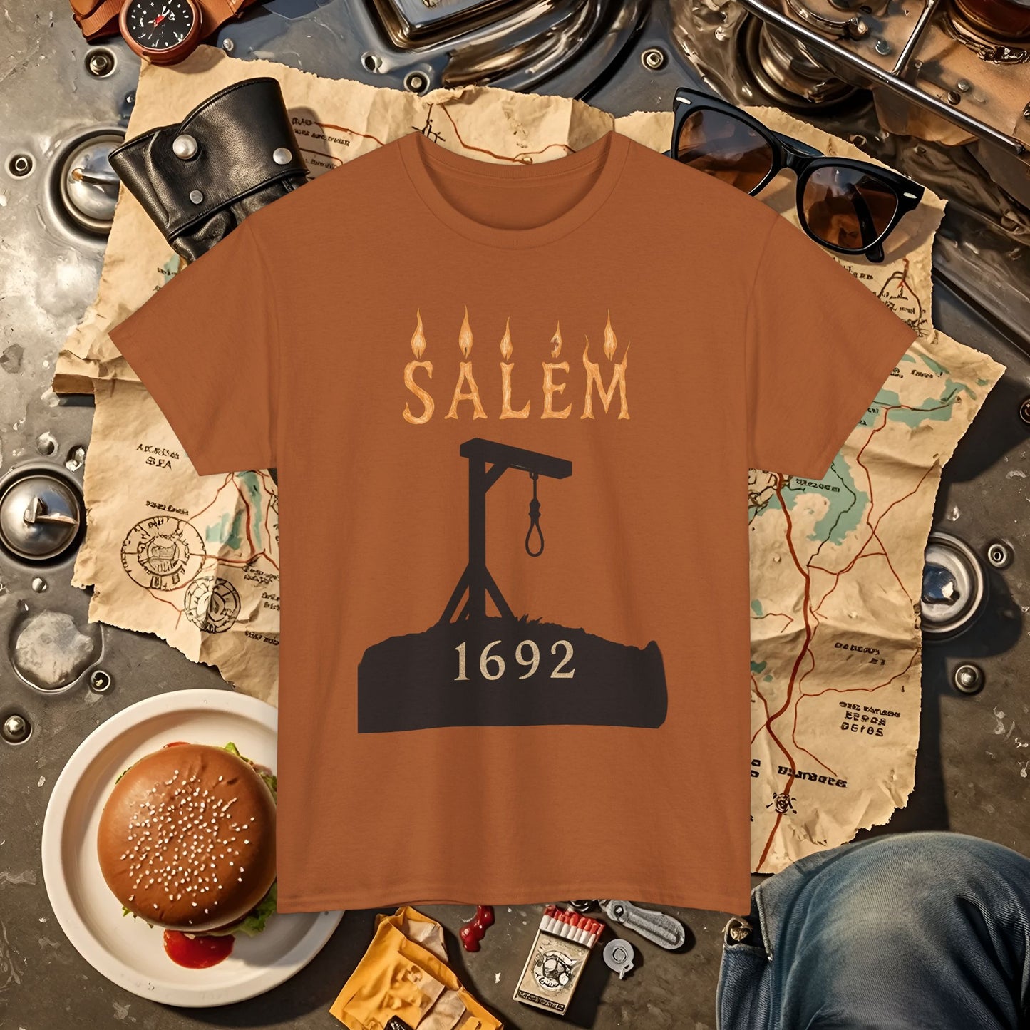 Salem 1692 Gothic Noose & Candle Flame Typography Tee – Witch Trials Dark History Shirt | Car, RV, and Motorcycle Adventure Tees