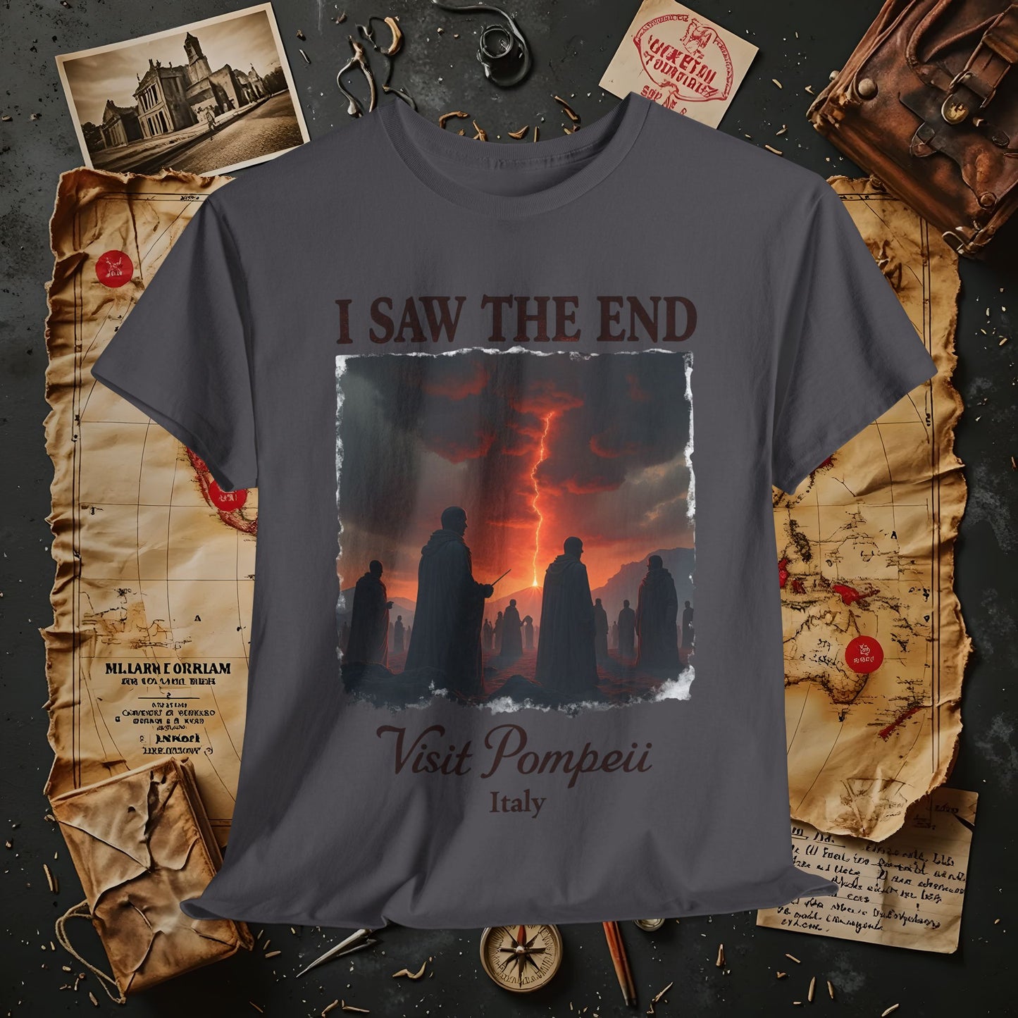 Pompeii Memories T-Shirt – Dark Tourism Shirt with Volcano Eruption Silhouette Art