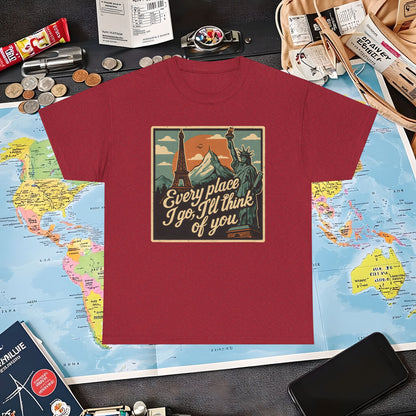 Every Place I Go, I’ll Think of You T-Shirt – Vintage Postcard Travel Collage with Iconic Landmarks Air Travel T-Shirts | Jetsetter, Airport, and International Flight Tees