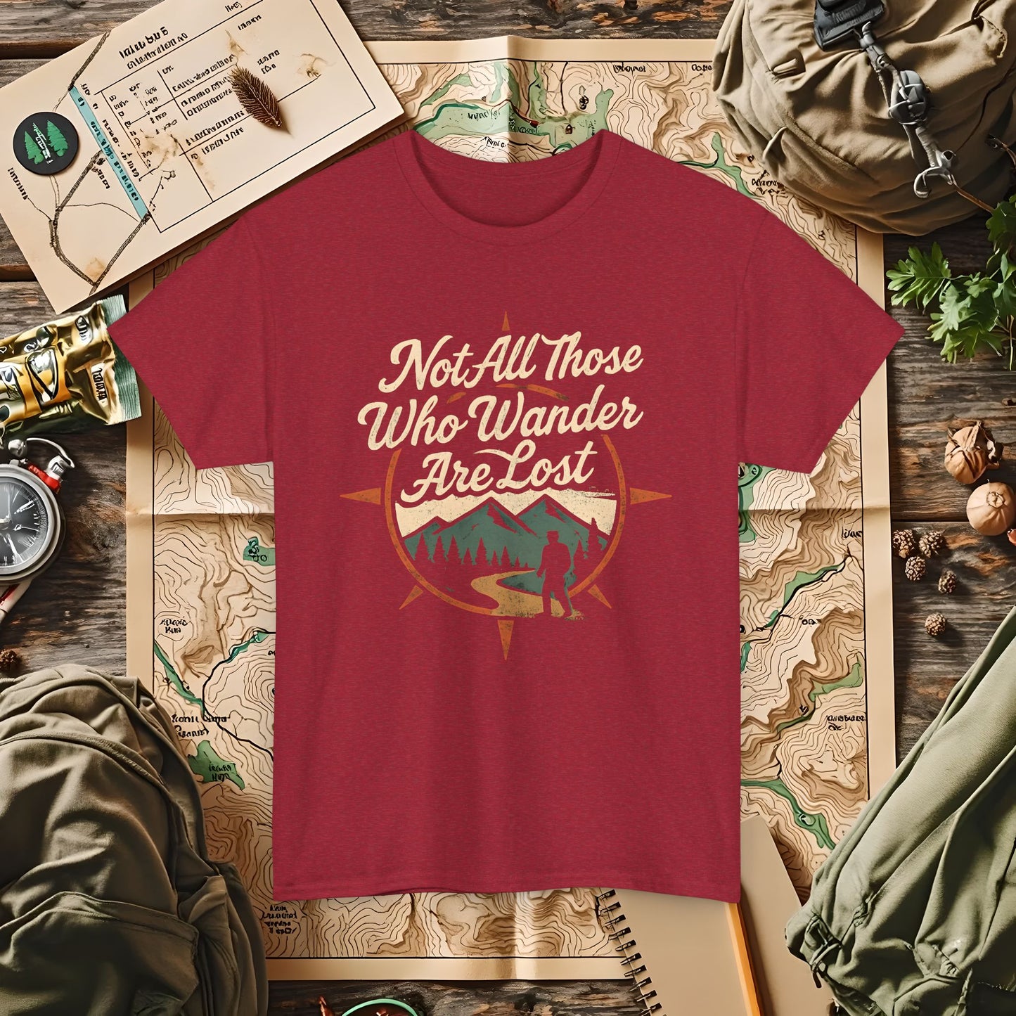 Not All Who Wander Are Lost – Vintage Compass Mountain Tee | Camping, Hiking, Rafting & Kayaking Tees for Nature Lovers