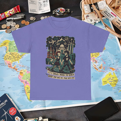 Let’s Travel 'Round the World, Just You and Me – Punk Rock Girl Global Adventure Tee Air Travel T-Shirts | Jetsetter, Airport, and International Flight Tees