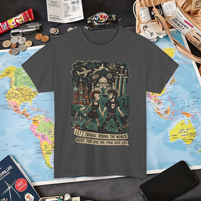 Let’s Travel 'Round the World, Just You and Me – Punk Rock Girl Global Adventure Tee Air Travel T-Shirts | Jetsetter, Airport, and International Flight Tees