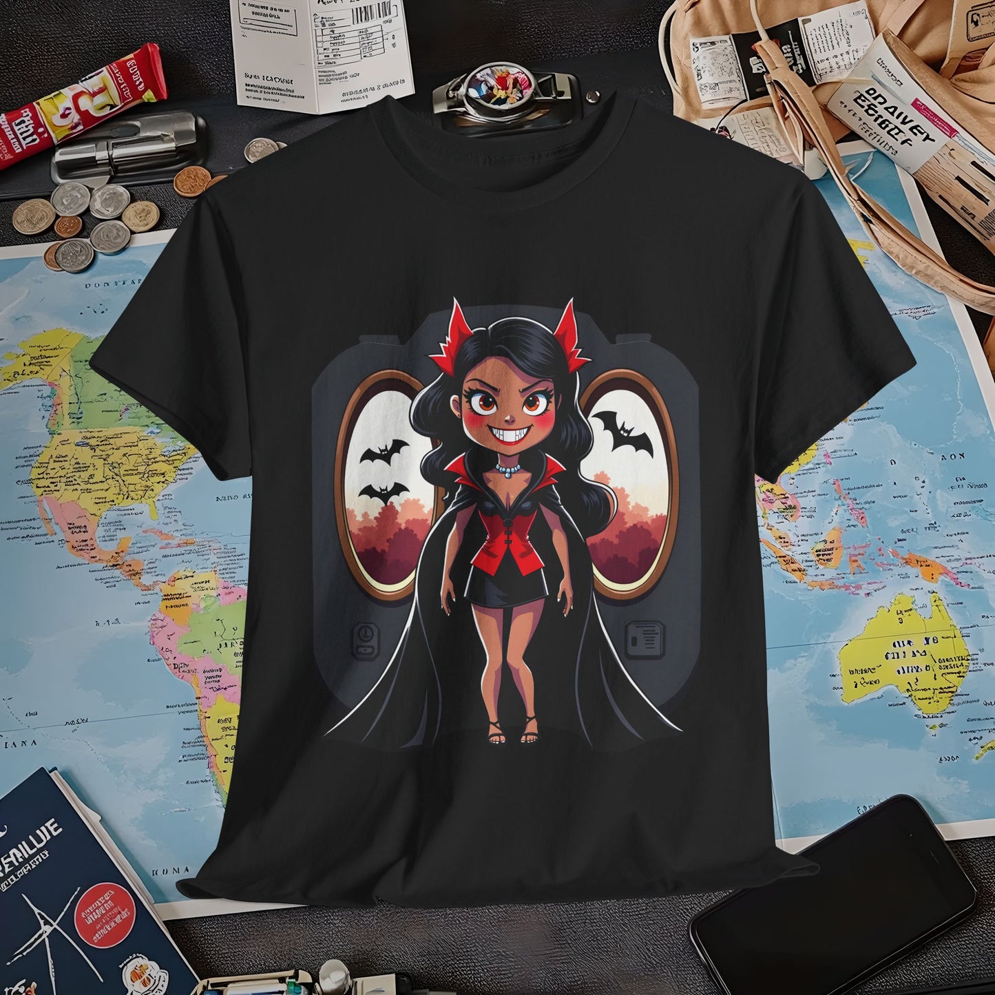 Vampire Flight Attendant T-Shirt – Gothic Girl with Bats Flying Outside the Plane Air Travel T-Shirts | Jetsetter, Airport, and International Flight Tees