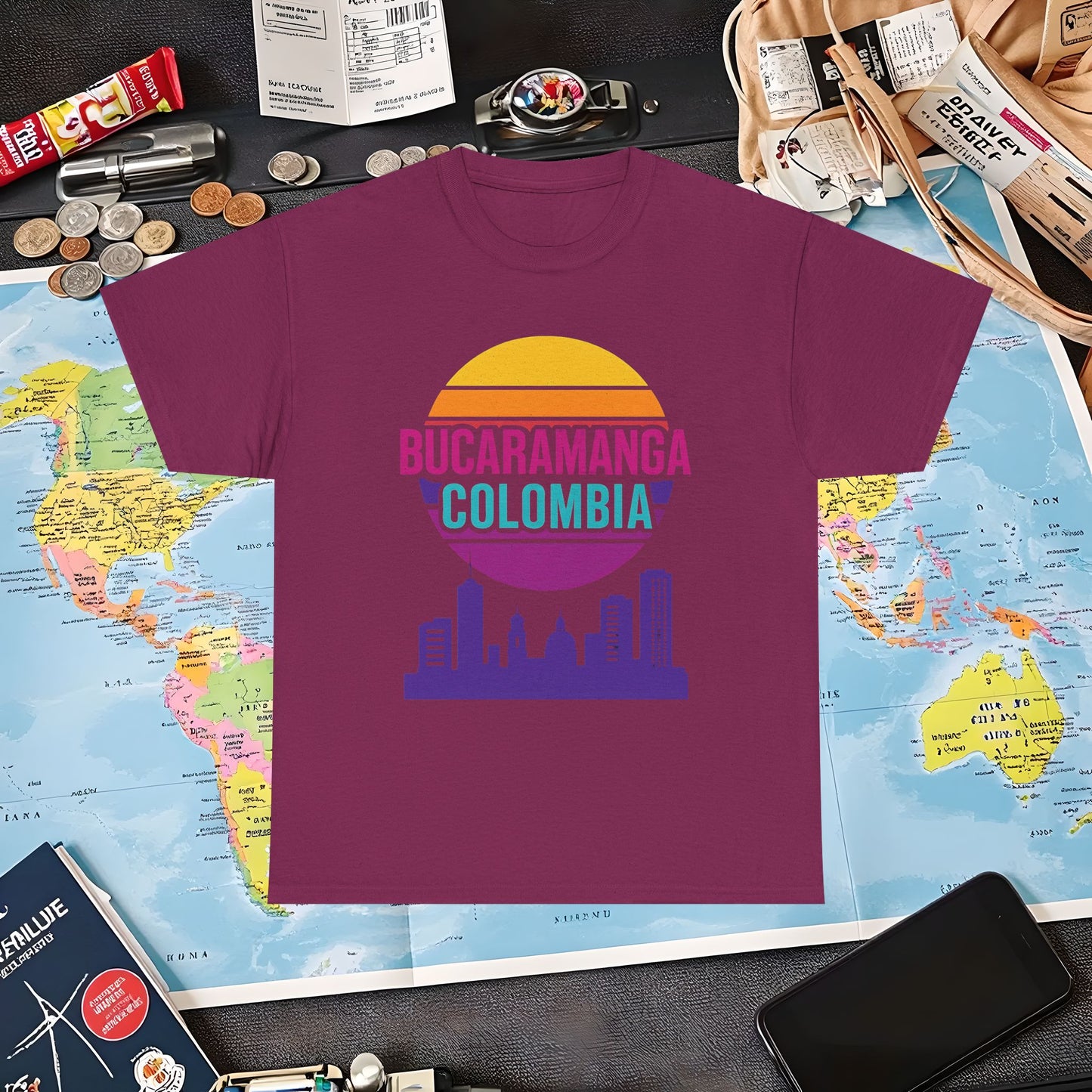Retro Bucaramanga Skyline Sunset Tee – Vintage Colombia Travel Shirt| Layover Club Air Travel T-Shirts | Jetsetter, Airport, and International Flight Tees